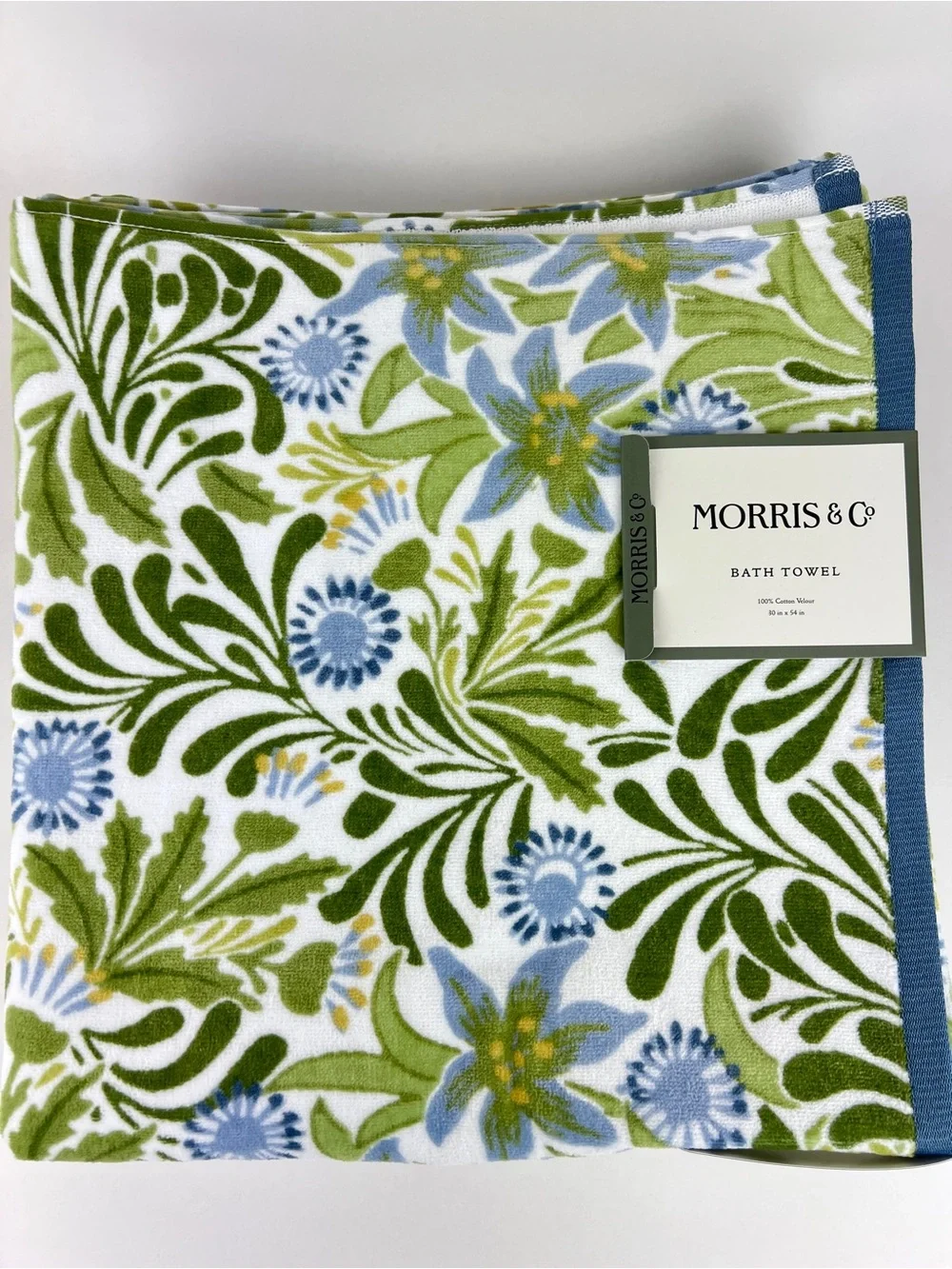 William Morris Bath Towels Floral Blue Green White Soft Velour Cotton 2 Pc NEW
